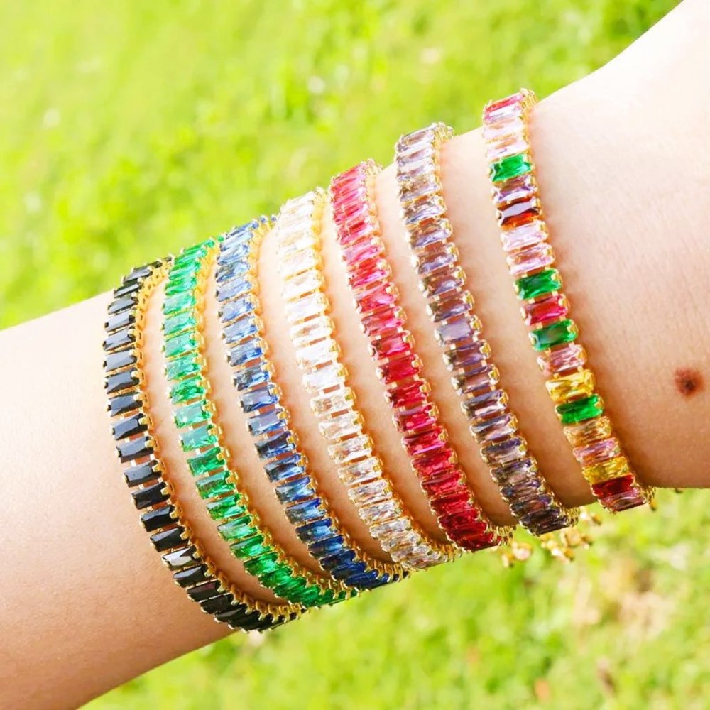 CUBIC ZIRCONIA BUCKLE LATCH TENNIS BRACELETS IN MANY COLORS!
